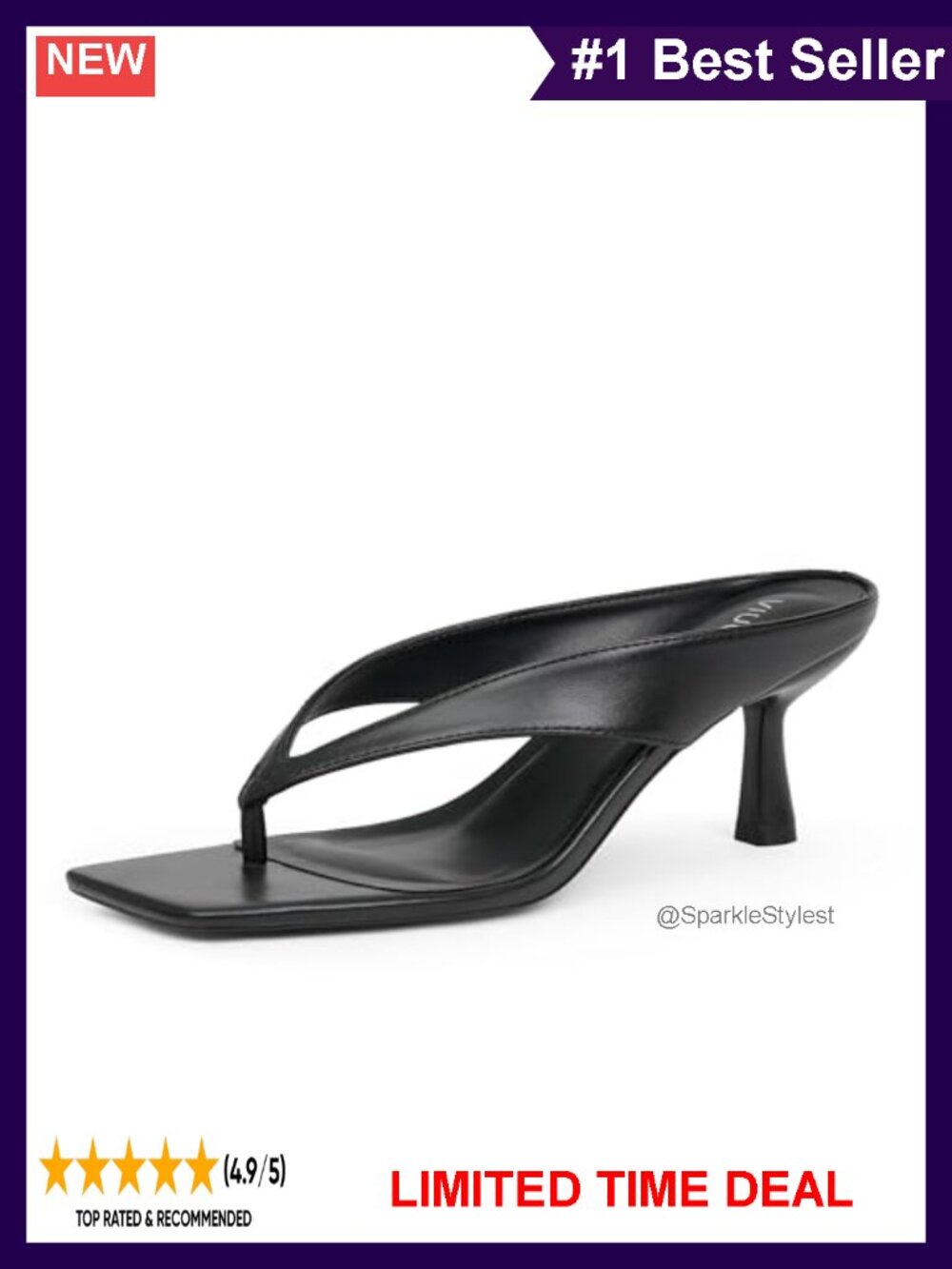 Square Toe Thong Kitten Heel Sandals Faux Leather Slip On